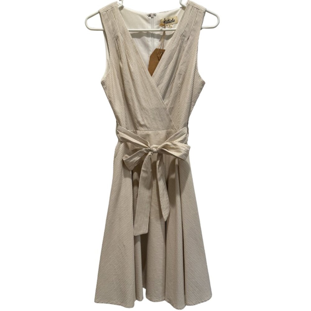Listicle Beige Pinstripe Wrap Dress Size Small NWT Style #LD0545